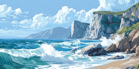 A scenic view of a large wave crashing on the shore near rocky cliffs and a beach with a bright blue sky and fluffy clouds.