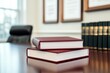 © AucArtStudio - Two stacked red books on a polished wooden desk in a professional office setting, conveying knowledge and authority in a serene environment.