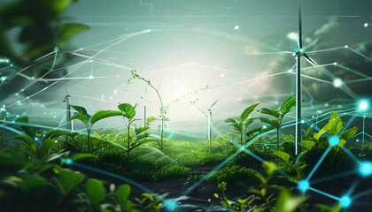 Wall Mural - Sustainable Future: Growing Plant and Digital Network Showcasing Green Energy Innovation in Natural Environment