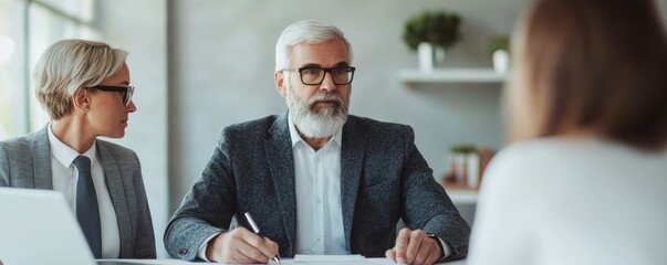 A senior businessman with a beard engages in a professional meeting, flanked by two colleagues, discussing strategies with focused expressions in a modern workspace.