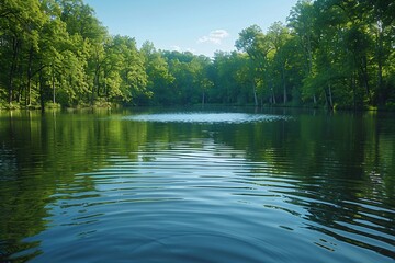 Tranquil lake scene still waters reflecting the surrounding trees and a clear sky creating a peaceful natural background perfect for outdoor or serene designs