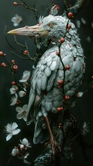 Naklejka na meble White Bird with Red and White Flowers on a Branch