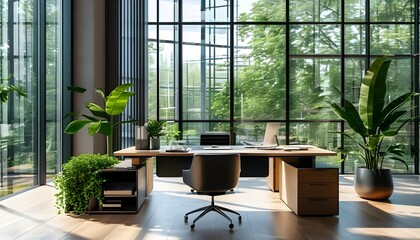 Wall Mural - Modern office space filled with natural light, vibrant greenery, and an organized desk creating a refreshing work environment