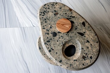 Fototapete - Abstract stone coffee table top with wooden coaster. Geometric pattern on stone surface. Smooth, natural texture. Brown wooden coaster on top. Minimal, clean design. Unique, rustic, luxury furniture