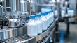 © AURA COLLECTIONS - Bottles of milk on a production line in a factory setting.