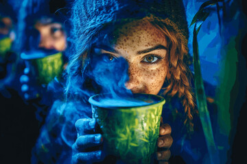 Wall Mural - A woman is holding a green cup of coffee and looking at the camera