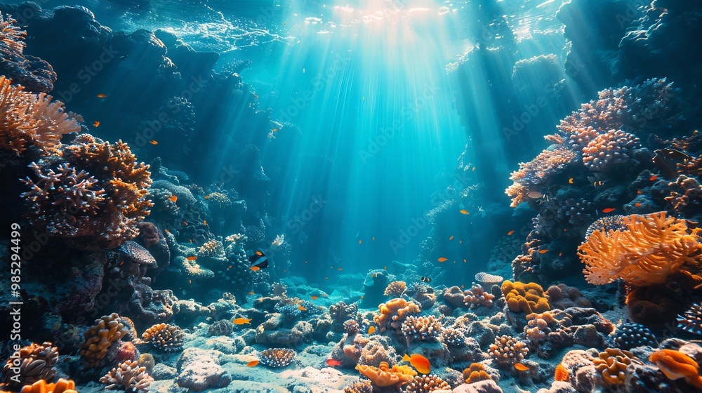 Underwater ocean scene vibrant coral reefs and sunlight filtering ...