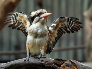 Close-up portrait of kookaburra bird with opened wings in Arizona zoo. Bird black, brown striped feathers visible. Beak sharp, open, giving comical laughing expression. Wooden background provides