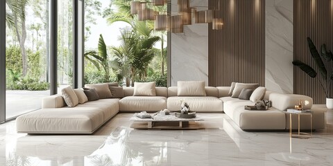 Canvas Print - modern living room with U shape luxury beige sofa set and elegant marble floor and luxury bamboo chandelier 