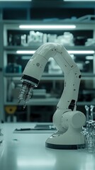Fototapete - A white robotic arm with multiple metal tubes extending from the end of the arm in a sterile laboratory setting.