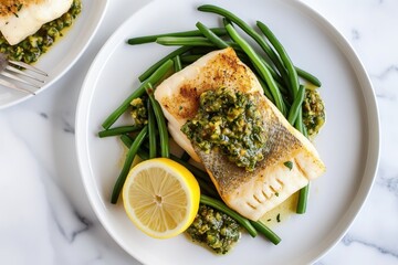 Halibut fish on white plate with chimichurri sauce, green beans, and lemon on a marble table. Fresh green beans and lemon slices add flavor to the dish. Halibut is a popular seafood choice for dinner.