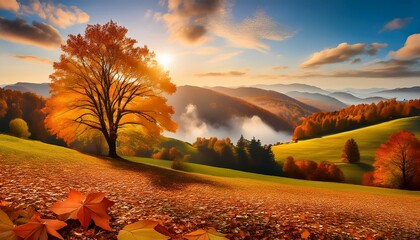 Autumn sunset in a colorful forest with vibrant leaves and a serene sky