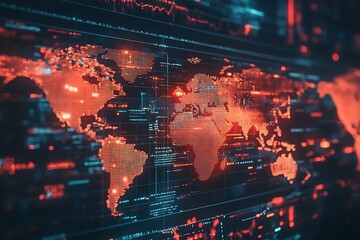 Poster - A world map composed of red dots on a dark background with code and data visible.