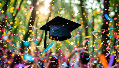 Joyful outdoor graduation celebration with caps in the air, colorful confetti, and a vibrant evening atmosphere surrounded by a lush forested backdrop