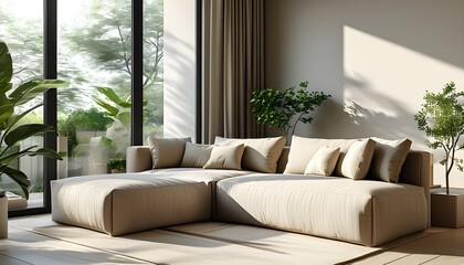 Wall Mural - Cozy Modern Minimalist Living Room with Beige Sofa, Abundant Indoor Plants, and Sunlit Large Windows