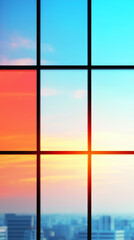 Sticker - A panoramic view of a city skyline seen through a window at sunset.