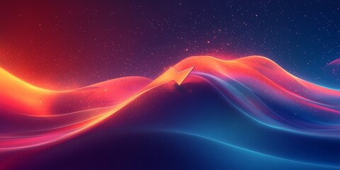 Wall Mural - Abstract background with glowing orange, red, and blue waves and a gold arrow pointing upwards, against a dark blue starry sky.