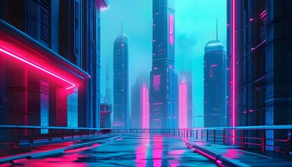 Wall Mural - Futuristic cyberpunk cityscape glowing with blue and pink neon lights, featuring advanced superstructures in a sci-fi urban environment, inspiring technological innovation and urban development