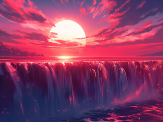 Wall Mural - Scenery of waterfalls. Styled like an anime or game background. Blue sky, sunset, sunrise, night, fog, snow, rain, cloudiness, autumn leaves, etc.