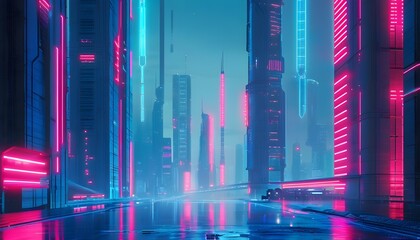 Wall Mural - Futuristic cyberpunk cityscape glowing with blue and pink neon lights, featuring advanced superstructures in a sci-fi urban environment, inspiring technological innovation and urban development