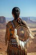 © siripimon2525 - Close-Up Half body of a Native American woman in traditional dress, holding a dreamcatcher, standing before a vast desert landscape. Cultural Portrait and Graphic Surrealism