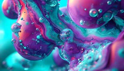 Wall Mural - Dynamic 3D Abstract Art Blending Purple and Turquoise with Bubbling Motion and Captivating Light Effects