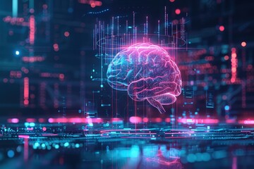 Poster - a brain is shown in a computer generated image with a pink and blue color scheme