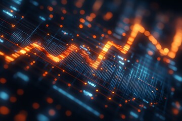 Fototapete - Abstract digital futuristic interface with a glowing orange graph line.