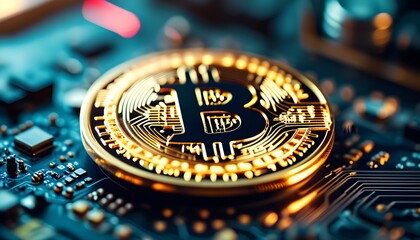 Close-up view of bitcoin on a circuit board symbolizing cryptocurrency and modern blockchain technology in the digital finance landscape.