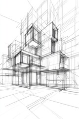 Wall Mural - Line art illustration of an architectural sketch depicting a house building in 3D