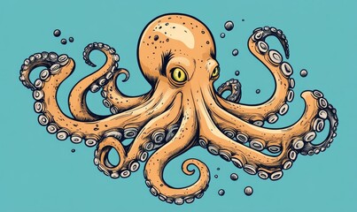 Poster - Cartoon illustration of a monstrous octopus in a line art style