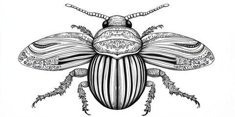 Doodle style line art illustration of a large striped beetle This hand drawn design is suitable for coloring books and tattoo art featuring a zentangle pattern on a white background