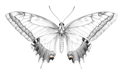 Realistic black and white line art illustration of a butterfly on a clean white backdrop