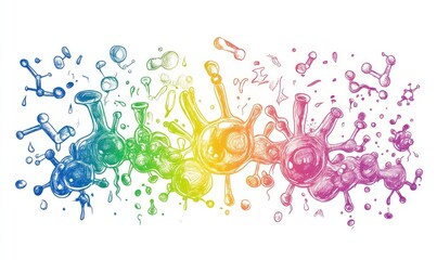 Line art illustration featuring a rainbow gradient of a whimsical cartoon chemical reaction