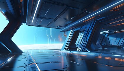 Wall Mural - Futuristic Blue Sci-Fi Space Scene with Intricate 3D Technology and Extended Background Elements