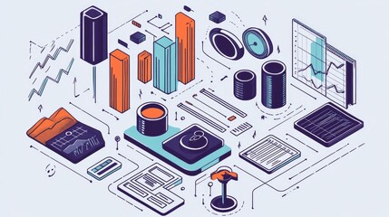 Data analysis concept illustrating the process of gathering and researching business statistics through isometric line art design