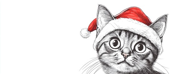 Poster - Line art illustration featuring a hand drawn cat wearing a Santa hat gazing curiously