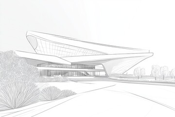 Wall Mural - Line art illustration showcasing a modern architectural design of an innovative museum with a unique exterior perspective