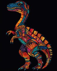 Wall Mural - Colorful dinosaur line art illustration on a black background