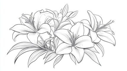 Wall Mural - Lily Line Drawing Black and white floral bouquets Flower coloring page Floral line art Fine line lilies illustration Hand drawn flowers Botanical designs for wedding invitations