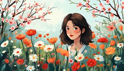 Wall Mural - Whimsical Spring Illustration of Girl Surrounded by Blossoming Flowers