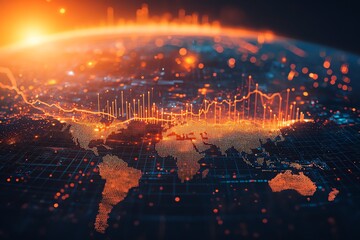 Poster - Abstract glowing digital world map with data flow lines and dots.