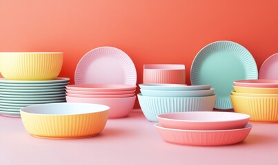 Vibrant 3D illustration of a variety of plates in a line art style