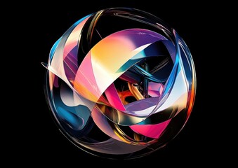 Poster - Abstract line art illustration featuring a surreal 3D sphere with organic curves shiny glass metal and plastic shapes displayed in a multi colored gradient against a black background