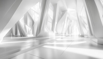 Abstract line art illustration of a futuristic white interior featuring polygonal designs Architectural background with 3D rendering elements