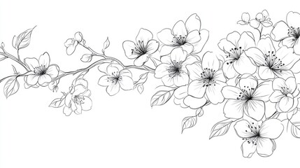 Sakura line art illustration featuring floral designs and cherry blossom outlines
