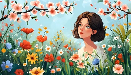 Wall Mural - Whimsical Spring Illustration of Girl Surrounded by Blossoming Flowers