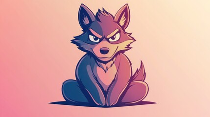 Wall Mural - Line art illustration featuring a gradient design of an annoyed cartoon wolf character