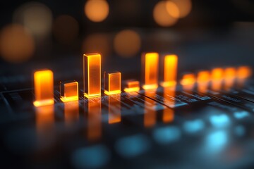 Fototapete - Abstract glowing orange bars on a black surface with blue lights.
