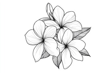 Wall Mural - Bold black outline drawing of a tropical plumeria flower set against a white backdrop featuring a continuous line art style